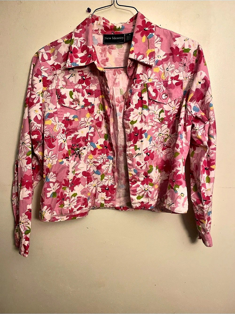 New Identity Floral Denim Jacket in Pink & White Size Medium
